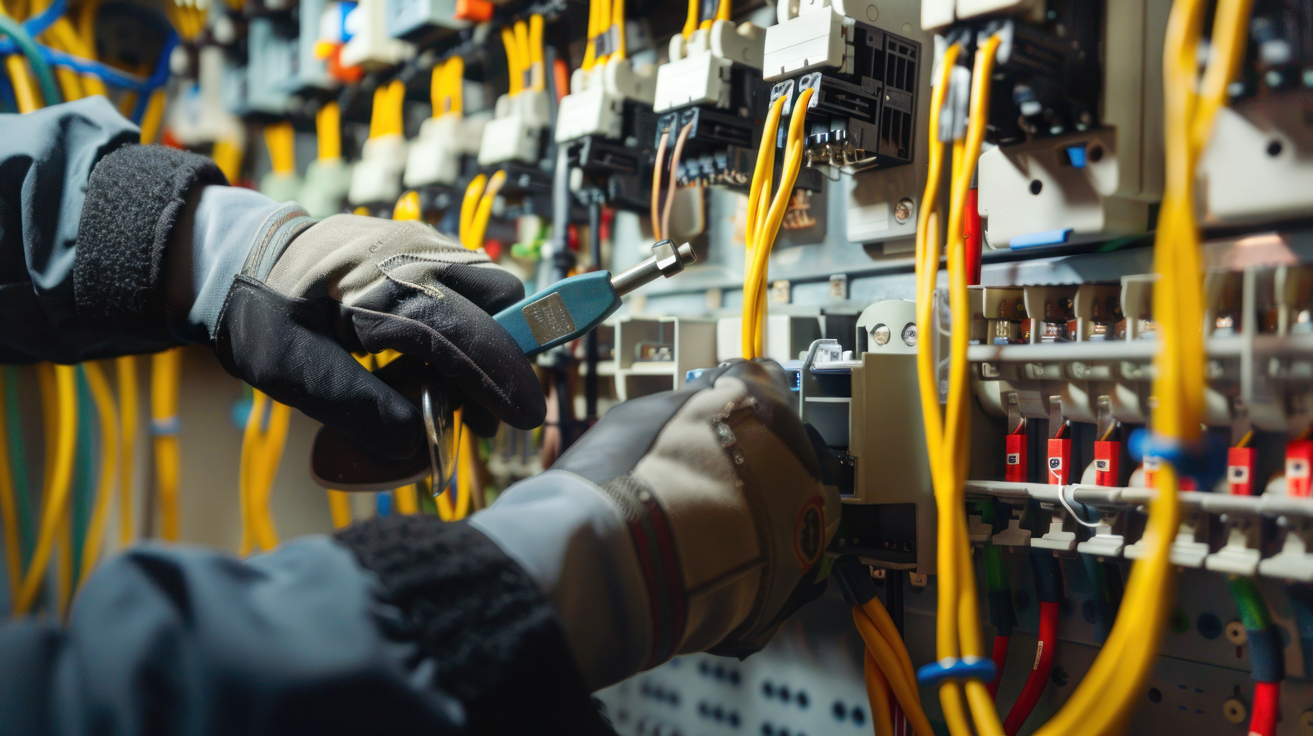 tecnico electrico manipulando componentes electricos