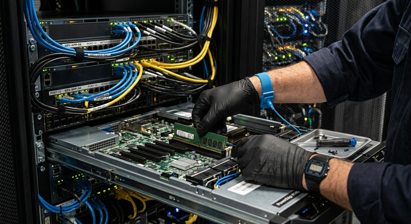 Persona instalando un módulo de memoria en un servidor dentro de un rack